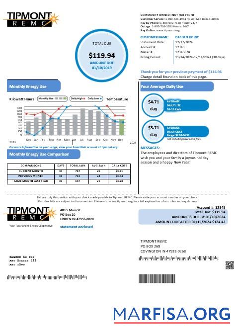 Blank USA Indiana Tipmont business utility bill template in Word and PDF formats